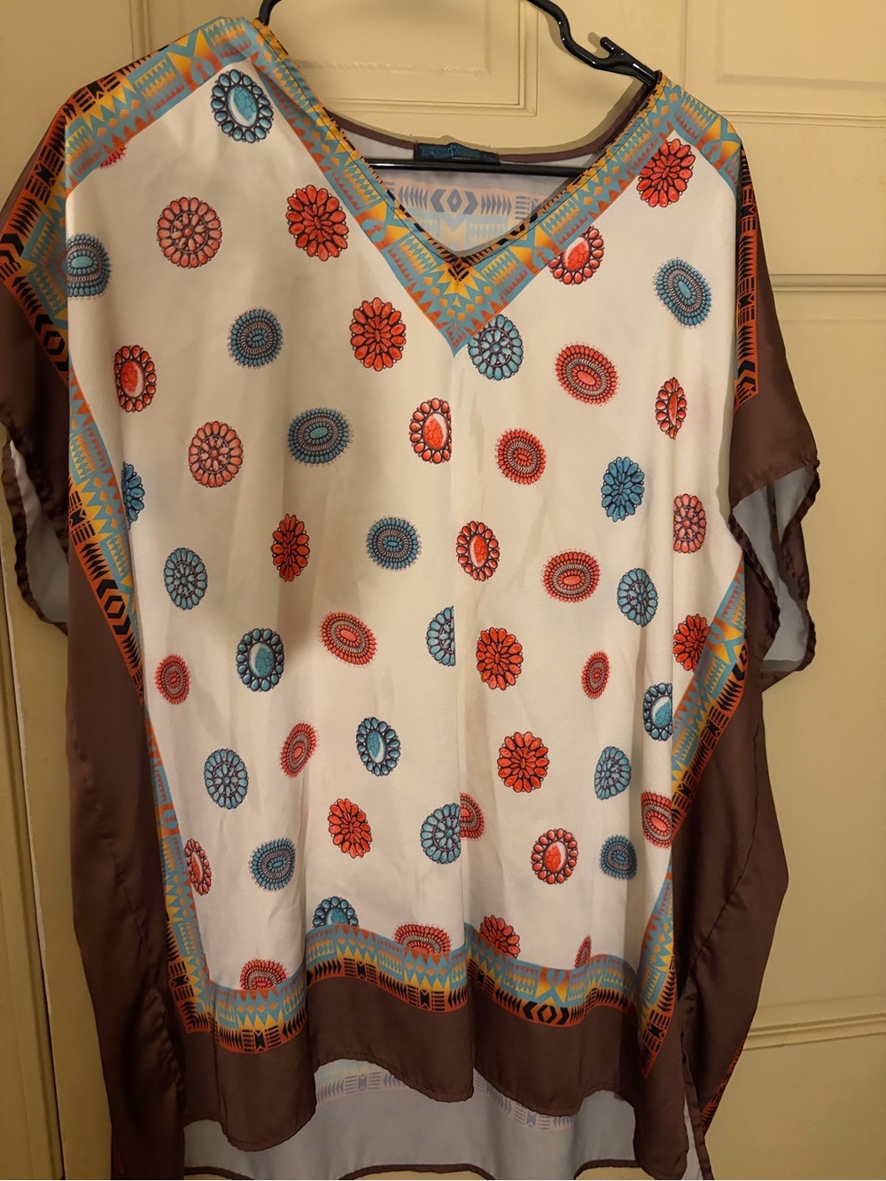 Women’s White Floral Print V-Neck Blouse with Brown Trim